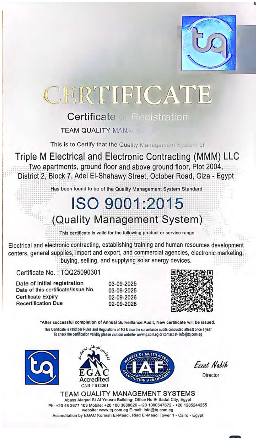 Triple M ISO 9001:2015 Quality Management certificate, Team Quality EGAC accredited, 2025