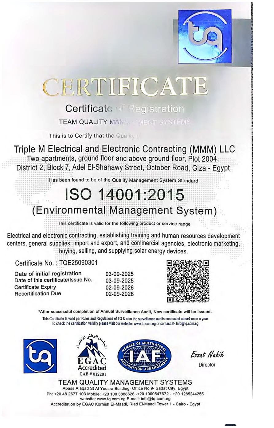 Triple M ISO 14001:2015 Environmental Management certificate, Team Quality EGAC accredited, 2025