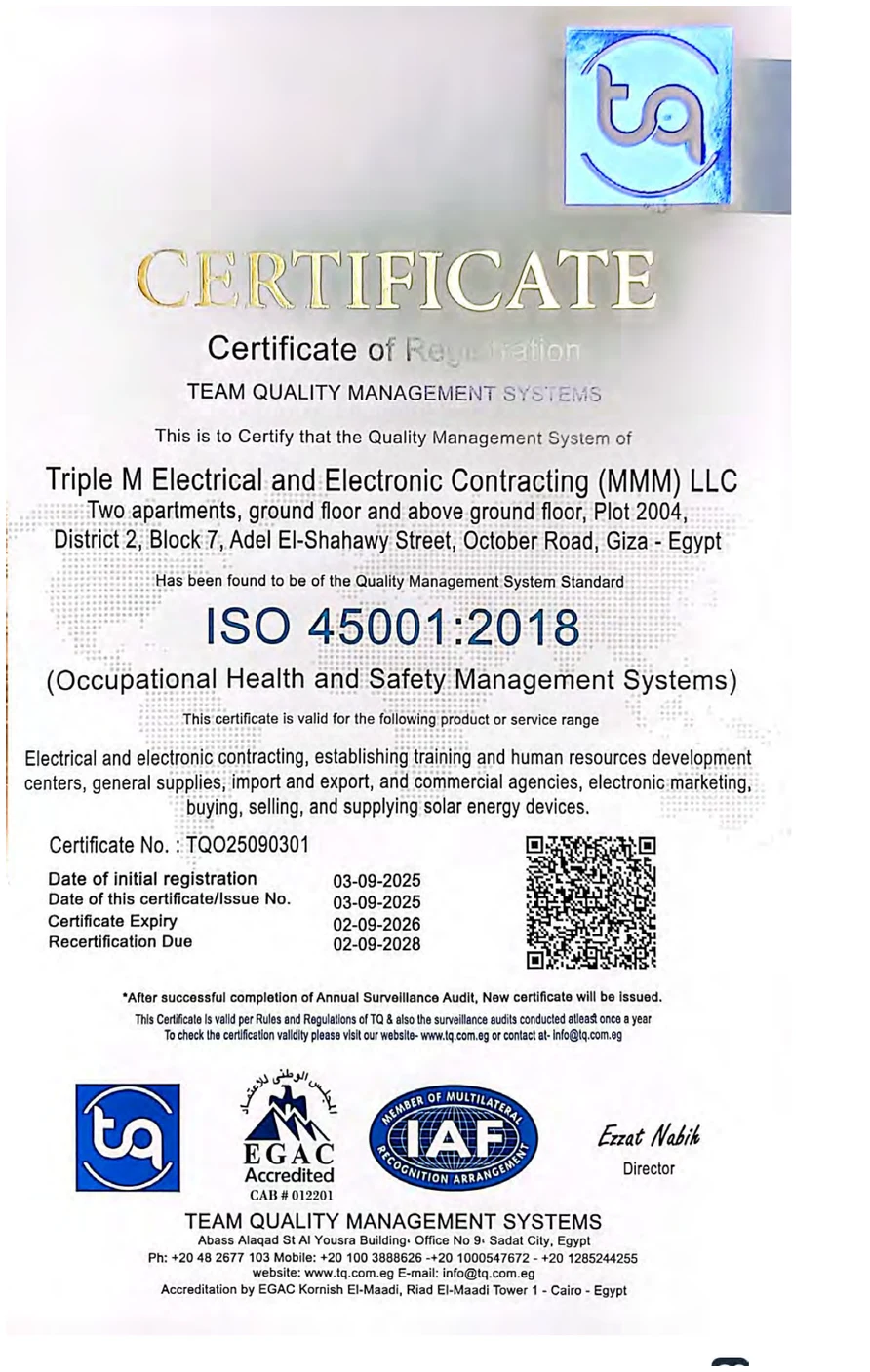 Triple M ISO 45001:2018 Occupational Health and Safety certificate, Team Quality EGAC accredited, 2025